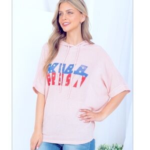 Blush “Kiss” Patriotic Waffle Knit Shirt Sleeve Hoodie